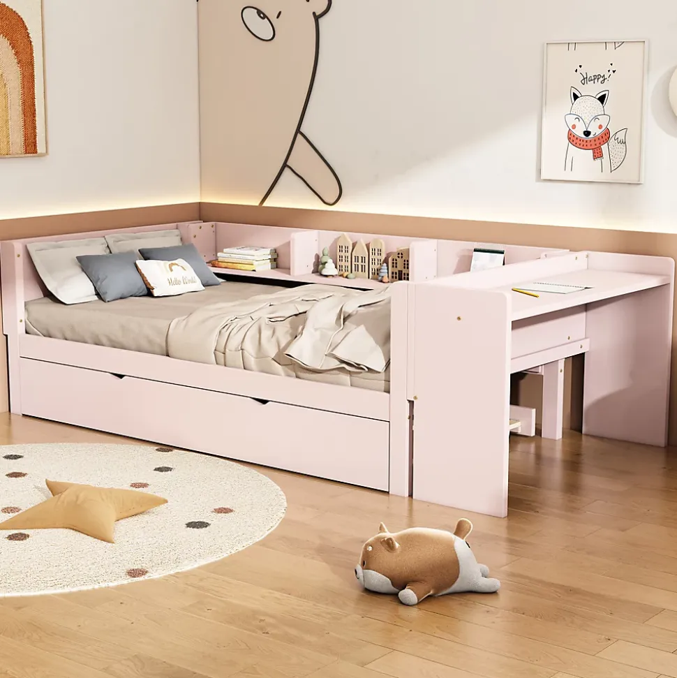 Lit 90x200 cm avec lit gigogne et bureau intégré, 3 étagères latérales, pin massif et MDF, design moderne rose