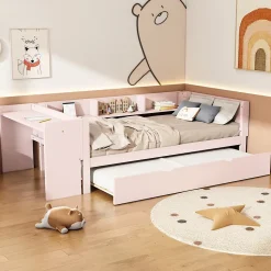 Lit 90x200 cm avec lit gigogne et bureau intégré, 3 étagères latérales, pin massif et MDF, design moderne rose