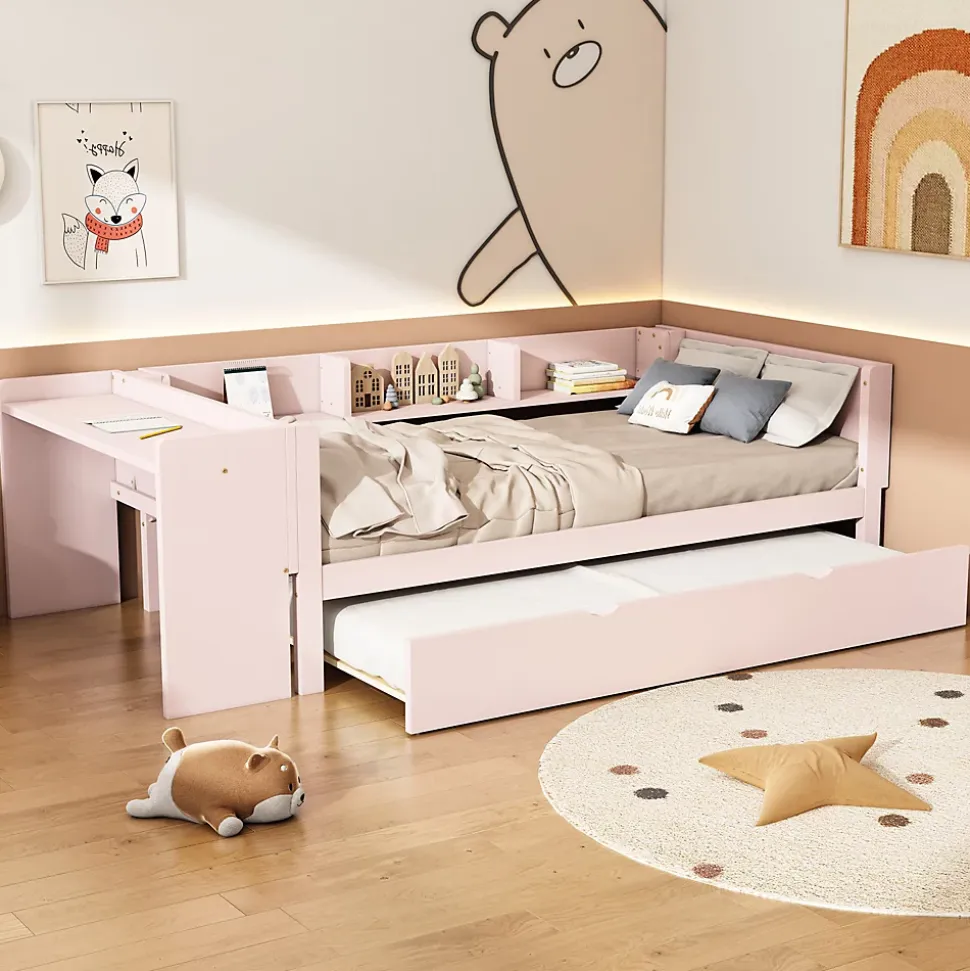Lit 90x200 cm avec lit gigogne et bureau intégré, 3 étagères latérales, pin massif et MDF, design moderne rose