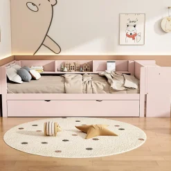 Lit 90x200 cm avec lit gigogne et bureau intégré, 3 étagères latérales, pin massif et MDF, design moderne rose