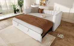 Lit 90x200 cm avec lit gigogne réglable, revêtement velours blanc, style minimaliste et structure MDF