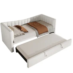 Lit 90x200 cm avec lit gigogne réglable, revêtement velours blanc, style minimaliste et structure MDF