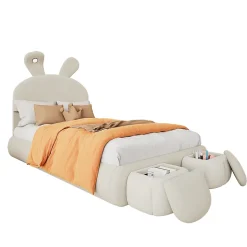 Lit 90x200 cm avec oreilles de lapin et éclairage Led réglable, revêtement velours beige, 2 poufs de rangement