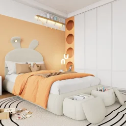 Lit 90x200 cm avec oreilles de lapin et éclairage Led réglable, revêtement velours beige, 2 poufs de rangement