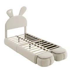 Lit 90x200 cm avec oreilles de lapin et éclairage Led réglable, revêtement velours beige, 2 poufs de rangement