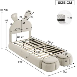 Lit 90x200 cm avec oreilles de lapin et éclairage Led réglable, revêtement velours beige, 2 poufs de rangement