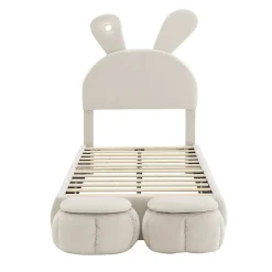 Lit 90x200 cm avec oreilles de lapin et éclairage Led réglable, revêtement velours beige, 2 poufs de rangement
