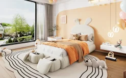 Lit 90x200 cm avec oreilles de lapin et éclairage Led réglable, revêtement velours beige, 2 poufs de rangement