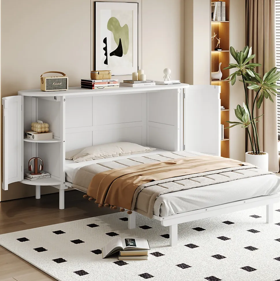 Lit 140x200 cm avec portes en rotin, design gain de place, rangements latéraux intégrés, finition blanche