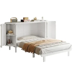 Lit 140x200 cm avec portes en rotin, design gain de place, rangements latéraux intégrés, finition blanche