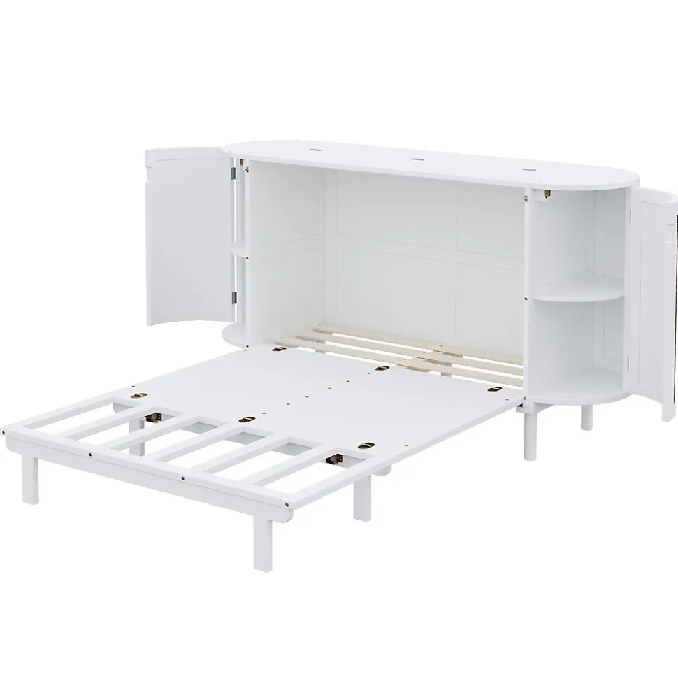 Lit 140x200 cm avec portes en rotin, design gain de place, rangements latéraux intégrés, finition blanche