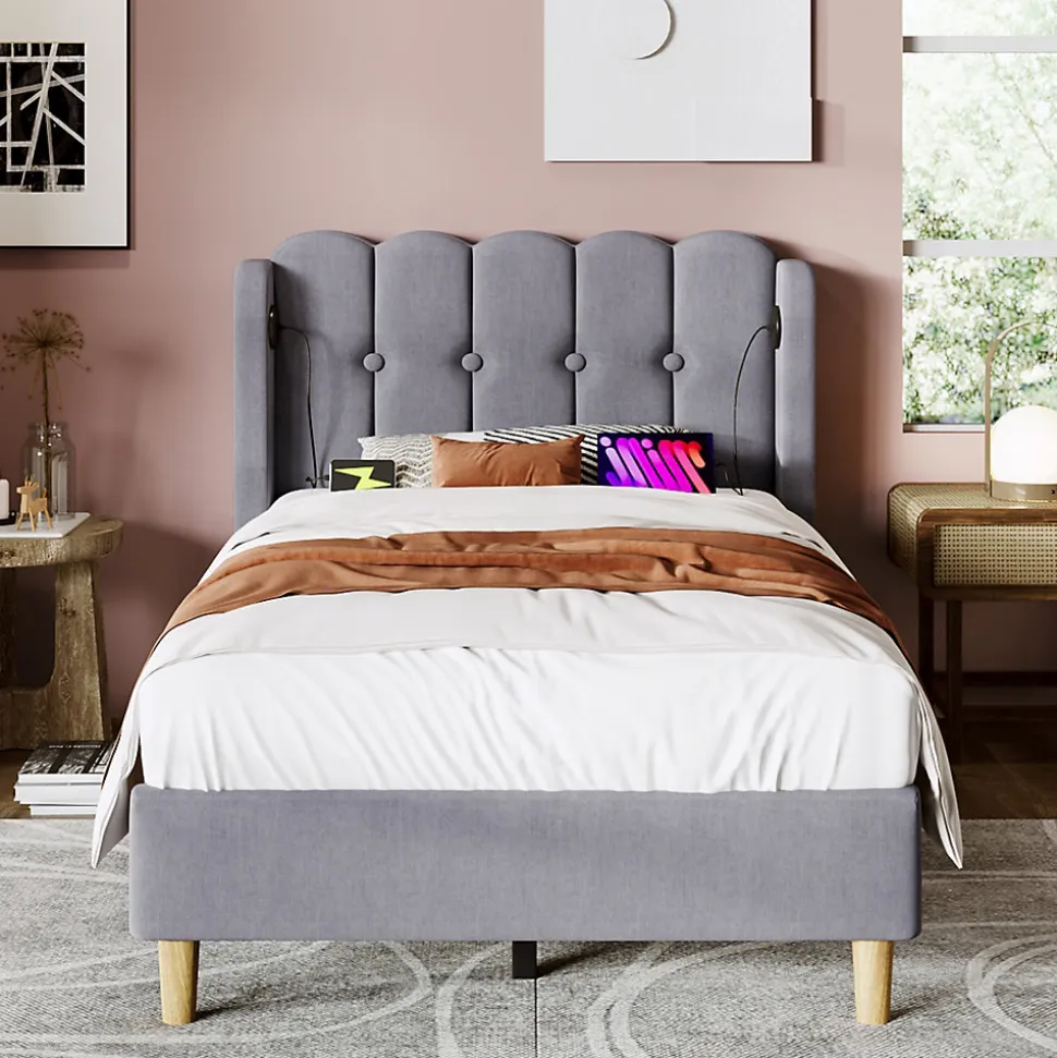 Lit 90x200 cm avec ports USB et Type C tête de lit à panneaux tapissée lin gris cadre rembourré robuste