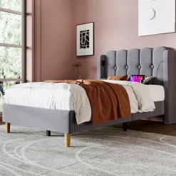 Lit 90x200 cm avec ports USB et Type C tête de lit à panneaux tapissée lin gris cadre rembourré robuste