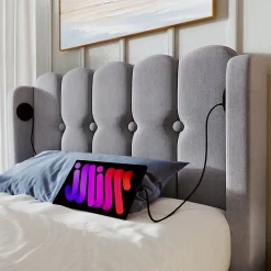 Lit 90x200 cm avec ports USB et Type C tête de lit à panneaux tapissée lin gris cadre rembourré robuste