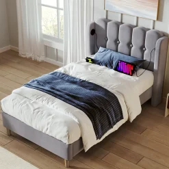 Lit 90x200 cm avec ports USB et Type C tête de lit à panneaux tapissée lin gris cadre rembourré robuste