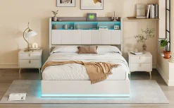 Lit 140x200 cm, avec quatre tiroirs, éclairage LED réglable, 2 USB et 1 fonction de charge tpcy-c, flanelle, Gris