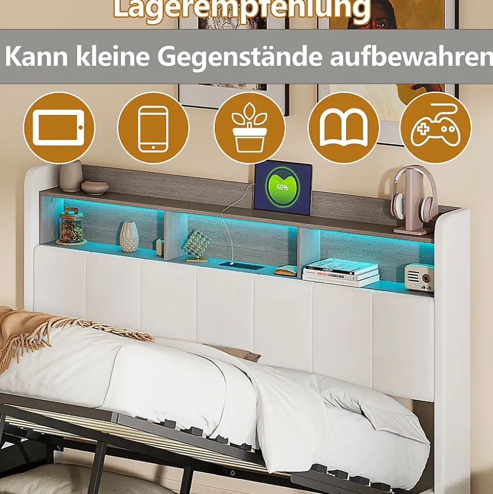 Lit 160x200 cm, avec quatre tiroirs, éclairage LED réglable, 2 USB et 1 fonction de charge tpcy-c, flanelle, Gris