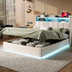 Lit 160x200 cm, avec quatre tiroirs, éclairage LED réglable, 2 USB et 1 fonction de charge tpcy-c, flanelle, Gris