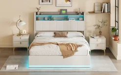 Lit 160x200 cm, avec quatre tiroirs, éclairage LED réglable, 2 USB et 1 fonction de charge tpcy-c, flanelle, Gris