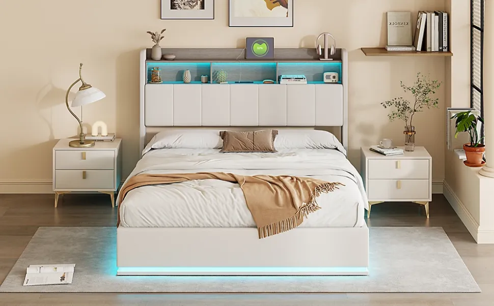 Lit 160x200 cm, avec quatre tiroirs, éclairage LED réglable, 2 USB et 1 fonction de charge tpcy-c, flanelle, Gris