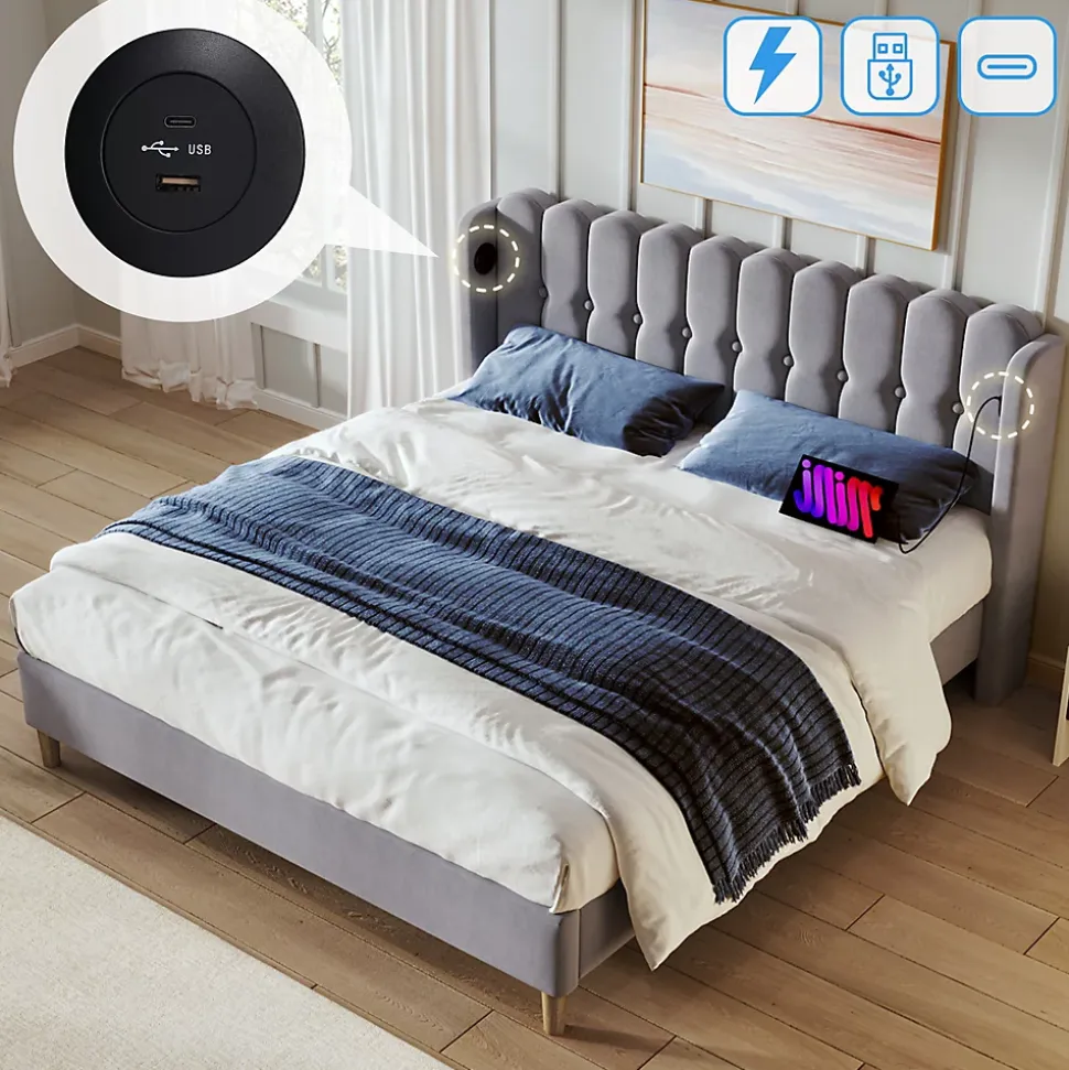 Lit 140x200 cm avec rangement d'appoint et tête de lit tapissée en lin gris, charge USB-C intégrée