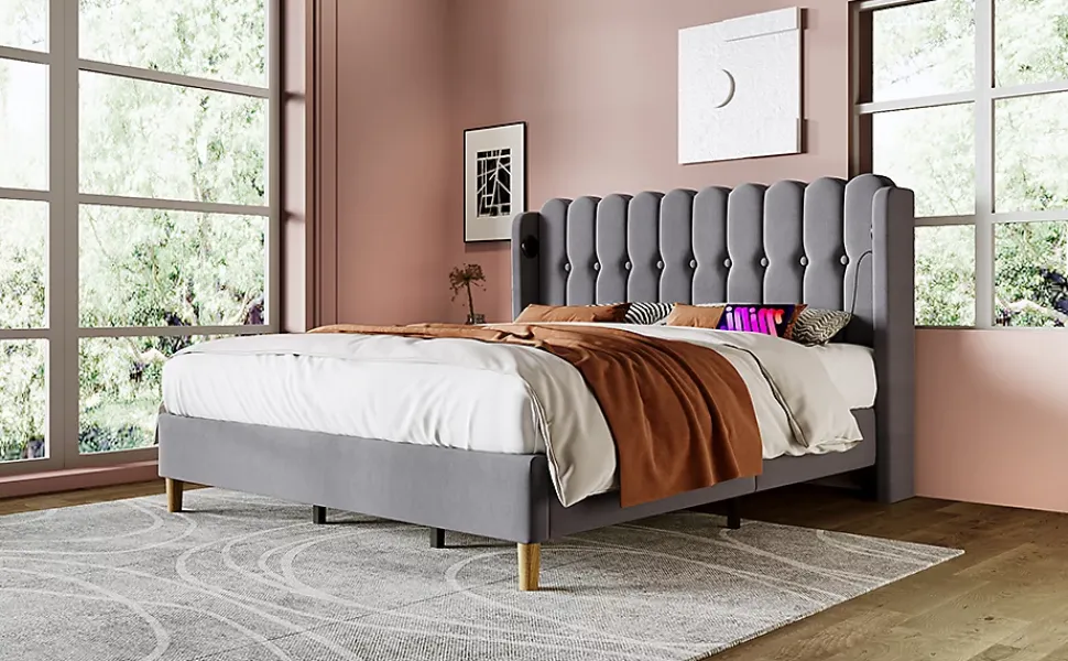 Lit 140x200 cm avec rangement d'appoint et tête de lit tapissée en lin gris, charge USB-C intégrée