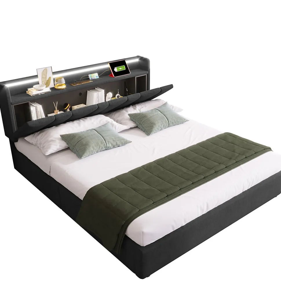 Lit 140x200 cm avec rangement et tete de lit equipee de prises USB Type C, LED RGBW, tapisse lin gris