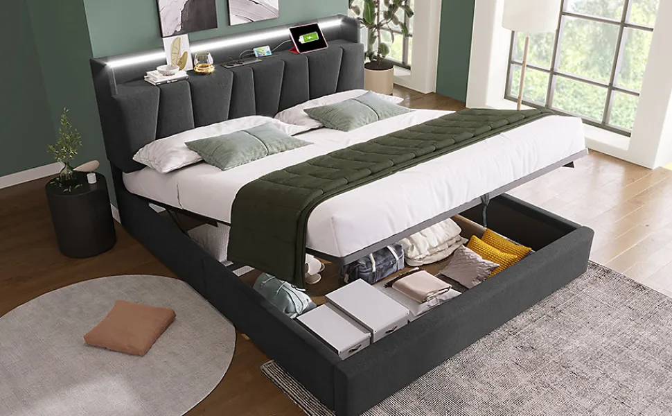 Lit 140x200 cm avec rangement et tete de lit equipee de prises USB Type C, LED RGBW, tapisse lin gris