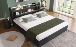 Lit 140x200 cm avec rangement et tete de lit equipee de prises USB Type C, LED RGBW, tapisse lin gris