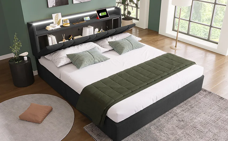 Lit 140x200 cm avec rangement et tete de lit equipee de prises USB Type C, LED RGBW, tapisse lin gris