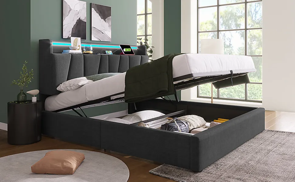 Lit 140x200 cm avec rangement et tete de lit equipee de prises USB Type C, LED RGBW, tapisse lin gris