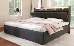 Lit 140x200 cm avec rangement et tete de lit equipee de prises USB Type C, LED RGBW, tapisse lin gris