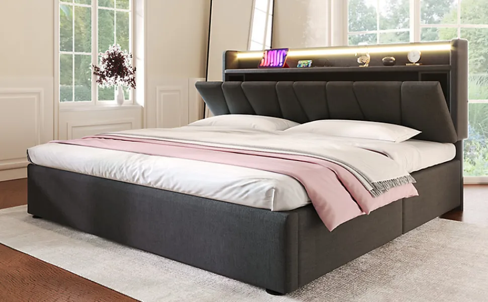 Lit 140x200 cm avec rangement et tete de lit equipee de prises USB Type C, LED RGBW, tapisse lin gris