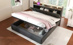 Lit 140x200 cm avec rangement et tete de lit equipee de prises USB Type C, LED RGBW, tapisse lin gris