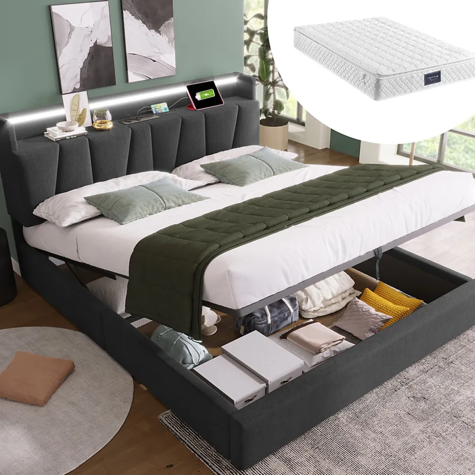 Lit 140x200 cm avec rangement et tete de lit equipee de prises USB Type C, LED RGBW, tapisse lin gris