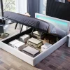 Lit 140x200 cm avec rangement et tête de lit rembourrée éclairée, revêtement PU blanc, cadre MDF