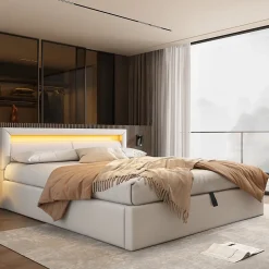 Lit 140x200 cm avec rangement et tête de lit rembourrée éclairée, revêtement PU blanc, cadre MDF