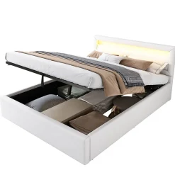 Lit 140x200 cm avec rangement et tête de lit rembourrée éclairée, revêtement PU blanc, cadre MDF
