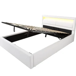 Lit 140x200 cm avec rangement et tête de lit rembourrée éclairée, revêtement PU blanc, cadre MDF