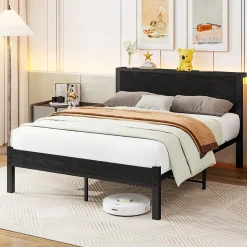 Lit 140x200 cm avec rangement et tête de lit en MDF, cadre métal noir, design moderne et intemporel