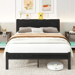 Lit 140x200 cm avec rangement et tête de lit en MDF, cadre métal noir, design moderne et intemporel