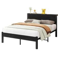 Lit 140x200 cm avec rangement et tête de lit en MDF, cadre métal noir, design moderne et intemporel