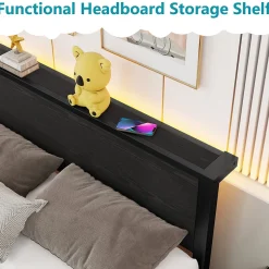 Lit 140x200 cm avec rangement et tête de lit en MDF, cadre métal noir, design moderne et intemporel