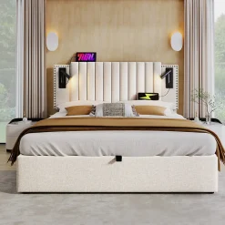 Lit 160x200 cm avec rangement et tête de lit réglable en tissu beige riveté, lampe de lecture et ports USB