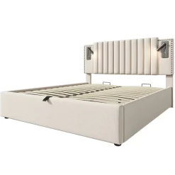 Lit 160x200 cm avec rangement et tête de lit réglable en tissu beige riveté, lampe de lecture et ports USB