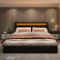 Lit 140x200 cm avec rangement et tête de lit rembourrée, éclairage LED réglable, revêtement PU noir