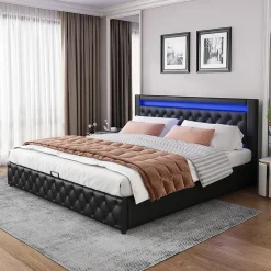 Lit 140x200 cm avec rangement et tête de lit rembourrée, éclairage LED réglable, revêtement PU noir