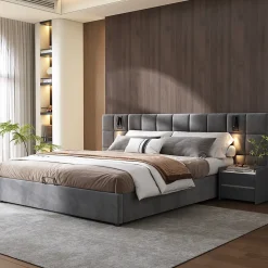 Lit 160x200 cm avec rangement hydraulique et tête de lit capitonnée en velours gris, cadre acier robuste