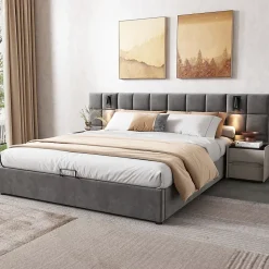 Lit 160x200 cm avec rangement hydraulique et tête de lit capitonnée en velours gris, cadre acier robuste