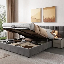 Lit 160x200 cm avec rangement hydraulique et tête de lit capitonnée en velours gris, cadre acier robuste
